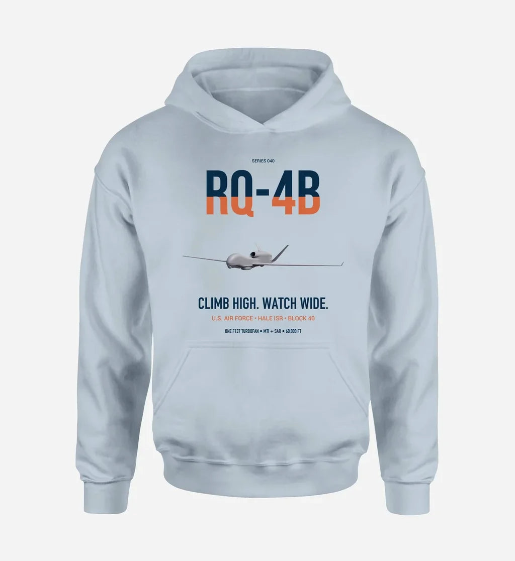 RQ-4B Global Hawk design on light blue double-side hoodie, single-side print