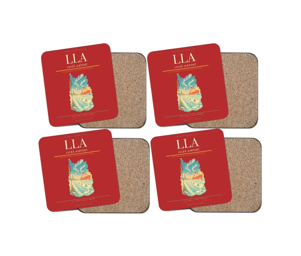 Luleå Airport (LLA) design on red 4 pieces set coaster