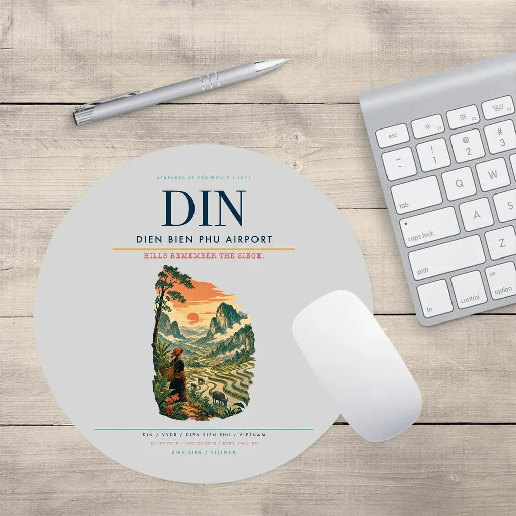 Dien Bien Phu Airport (DIN) design on light gray round mouse pad