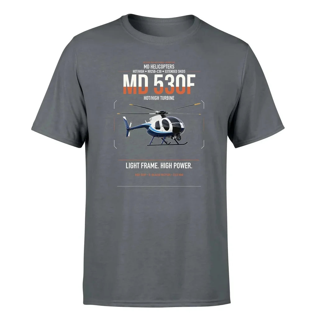 MD Helicopters MD 530F design on gray t-shirt, single-side print