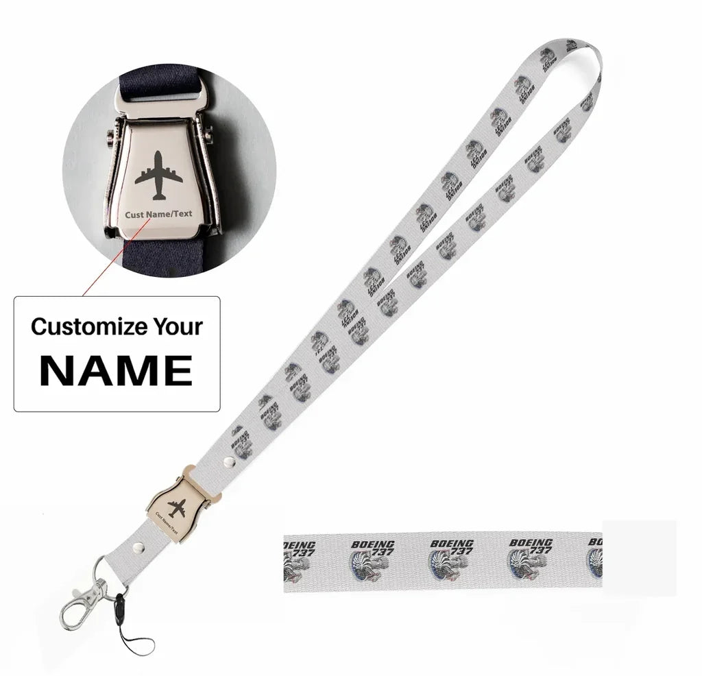 Boeing 737+Text & CFM LEAP-1 Engine seat belt lanyard - white with name