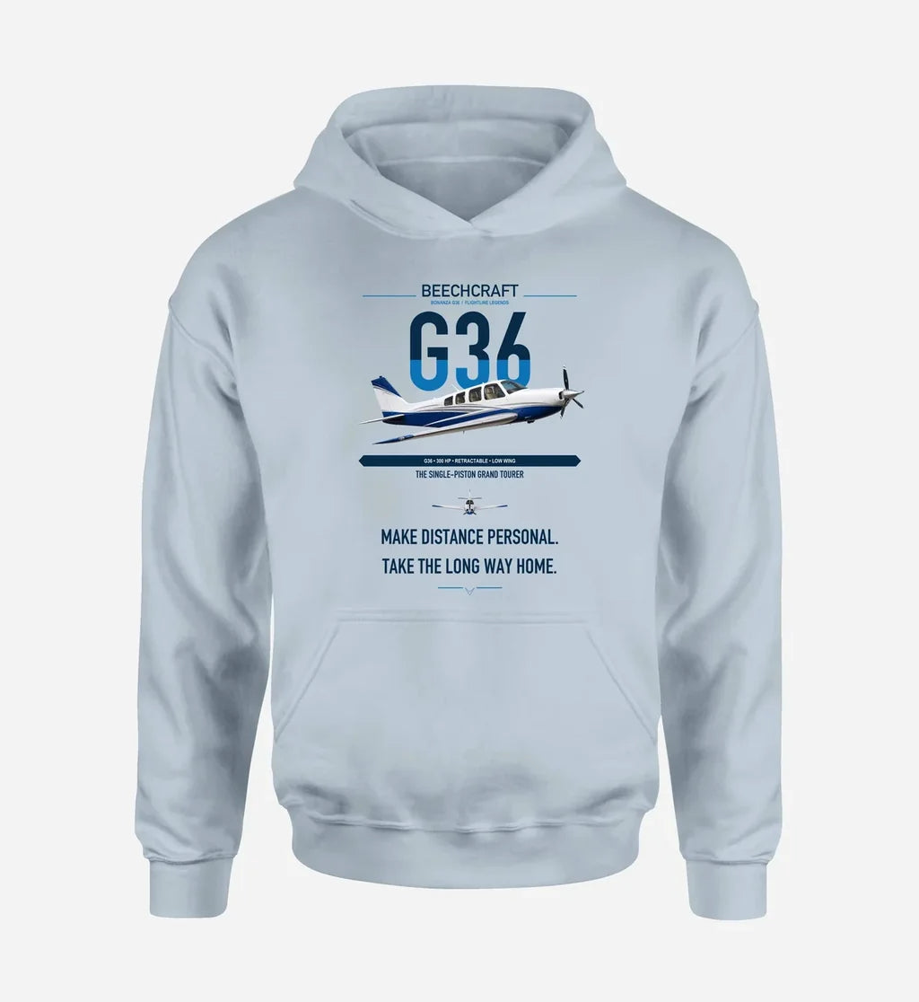Beechcraft Bonanza G36 design on light blue double-side hoodie, single-side print