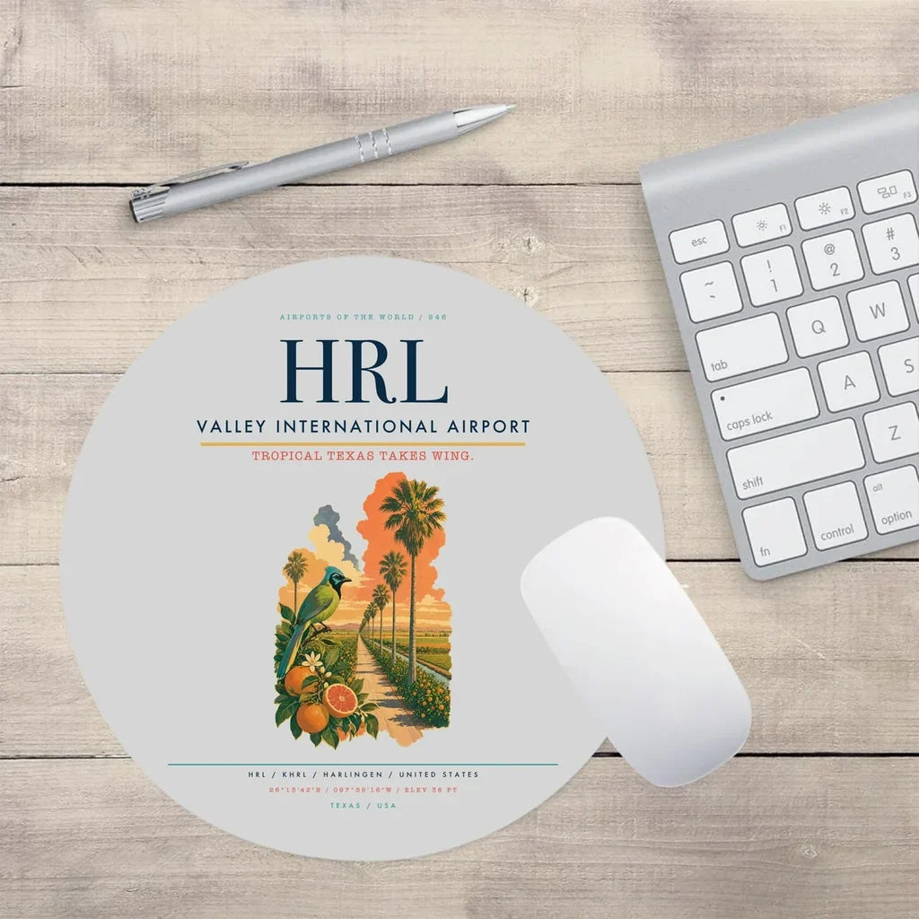 Valley International Airport (HRL) design on light gray round mouse pad