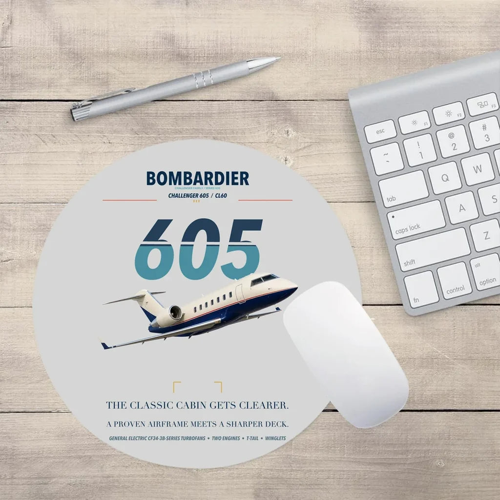 Bombardier Challenger 605 design on light gray round mouse pad