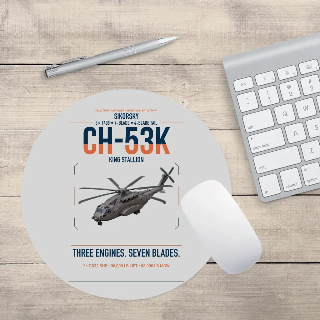 Sikorsky CH-53K King Stallion design on light gray round mouse pad