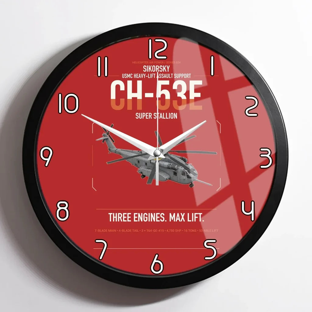 Sikorsky CH-53E Super Stallion design on red framed wall clock
