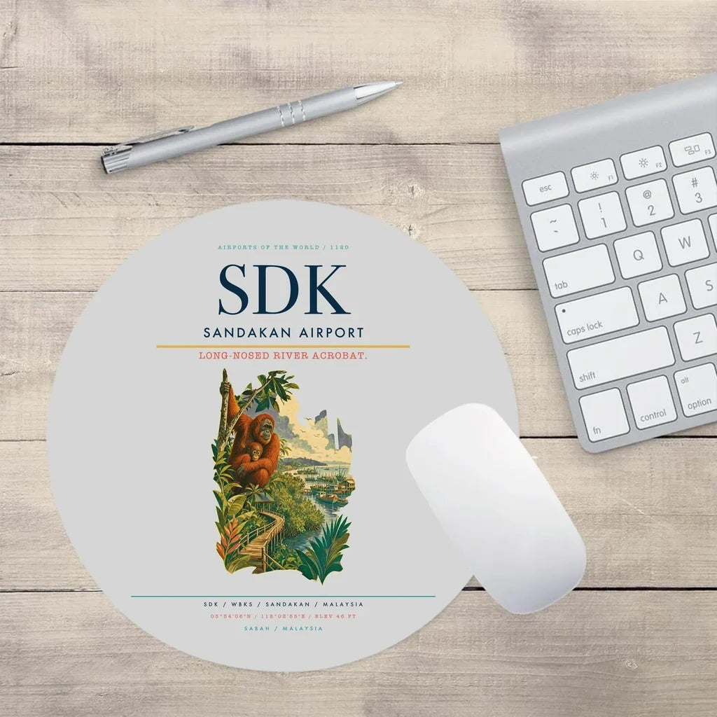 Sandakan Airport (SDK) design on light gray round mouse pad