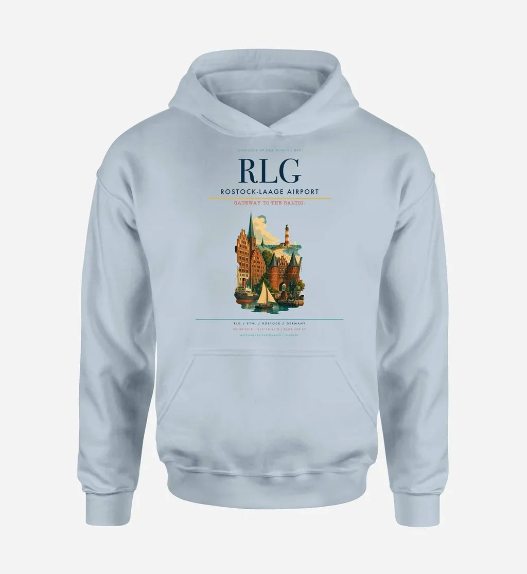 Rostock-Laage Airport (RLG) design on light blue hoodie single-side print