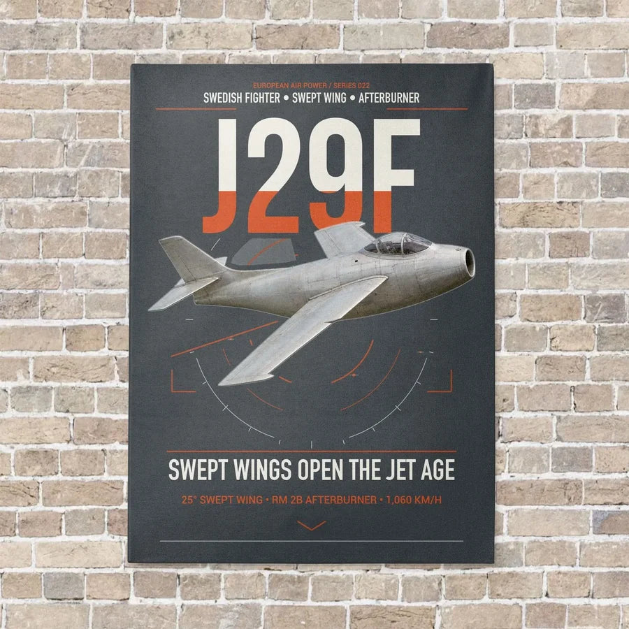 Saab J 29F Tunnan vertical canvas print - no frame - gray background