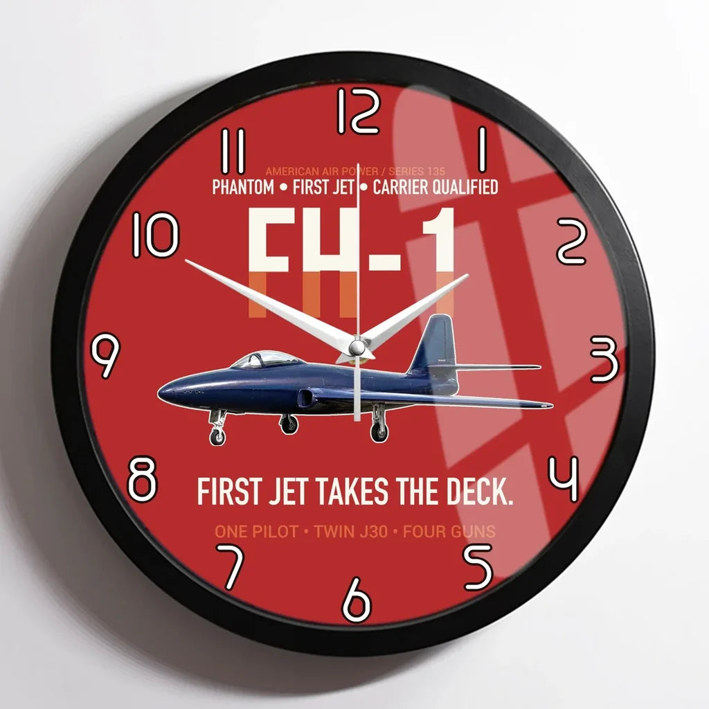 FH-1 Phantom First Jet Takes the Deck design on red framed wall clock