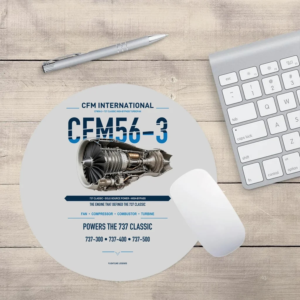 CFM56-3 design on light gray round mouse pad