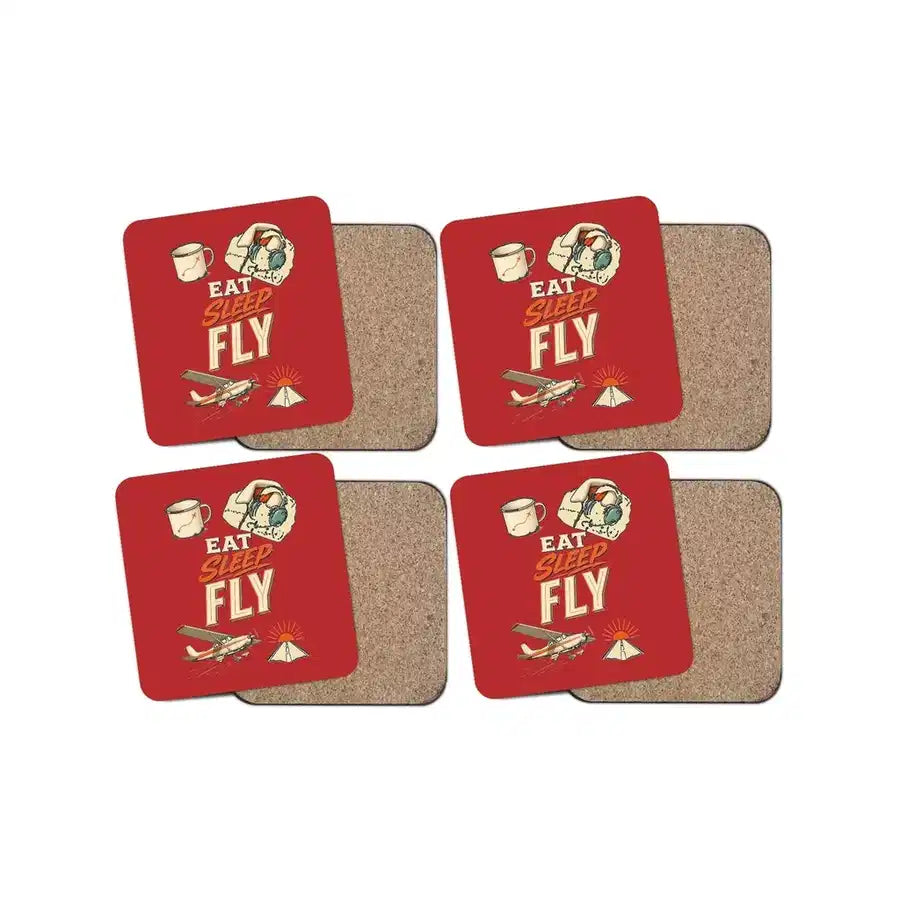Eat Sleep Fly V2 design on red 4 pieces set coaster