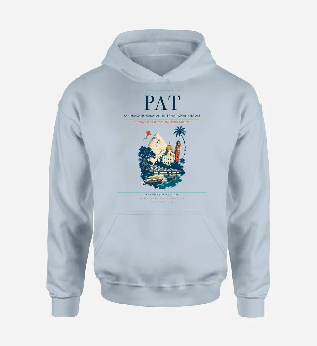 Jay Prakash Narayan International Airport (PAT) design on light blue hoodie single-side print