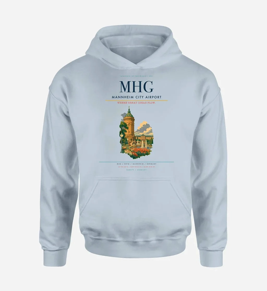 Mannheim City Airport (MHG) design on light blue hoodie single-side print