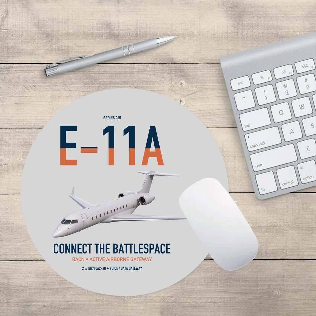 E-11A BACN design on light gray round mouse pad
