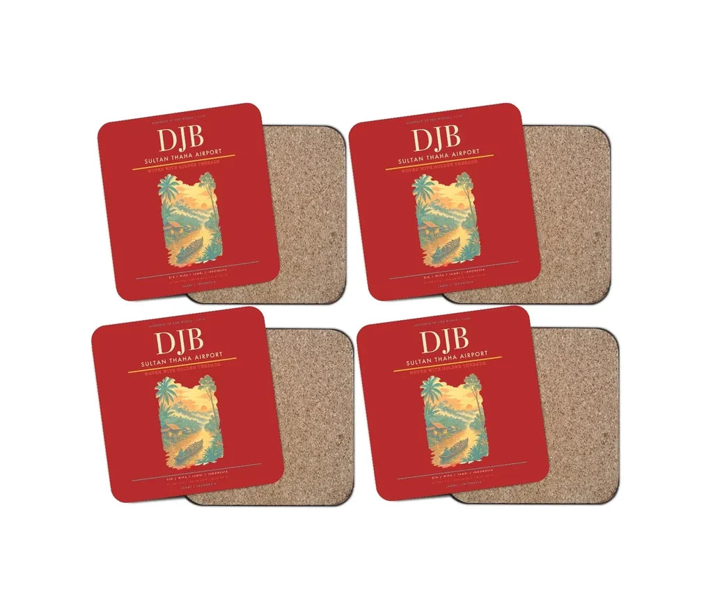 Sultan Thaha Airport (DJB) design on red 4 pieces set coaster