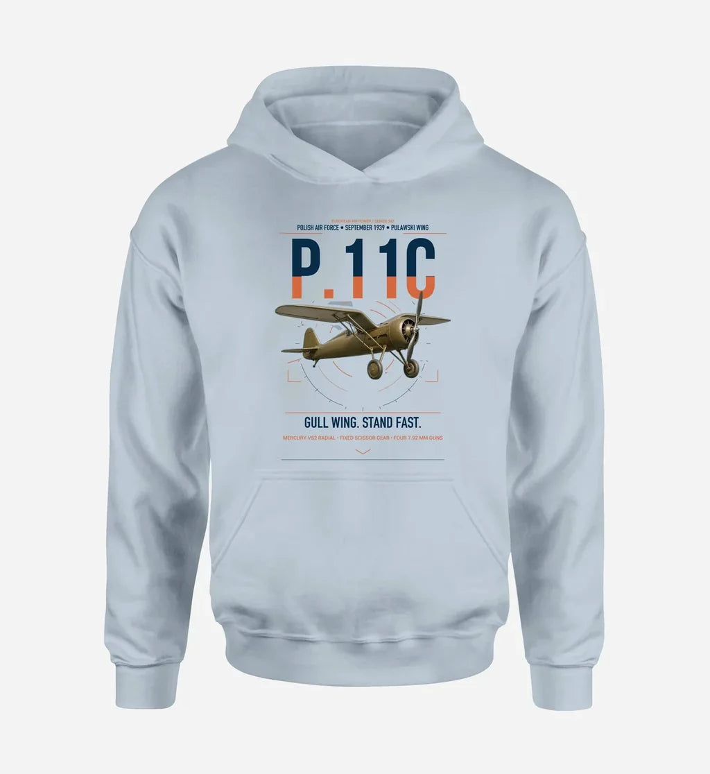 PZL P.11c design on light blue double-side hoodie, single-side print