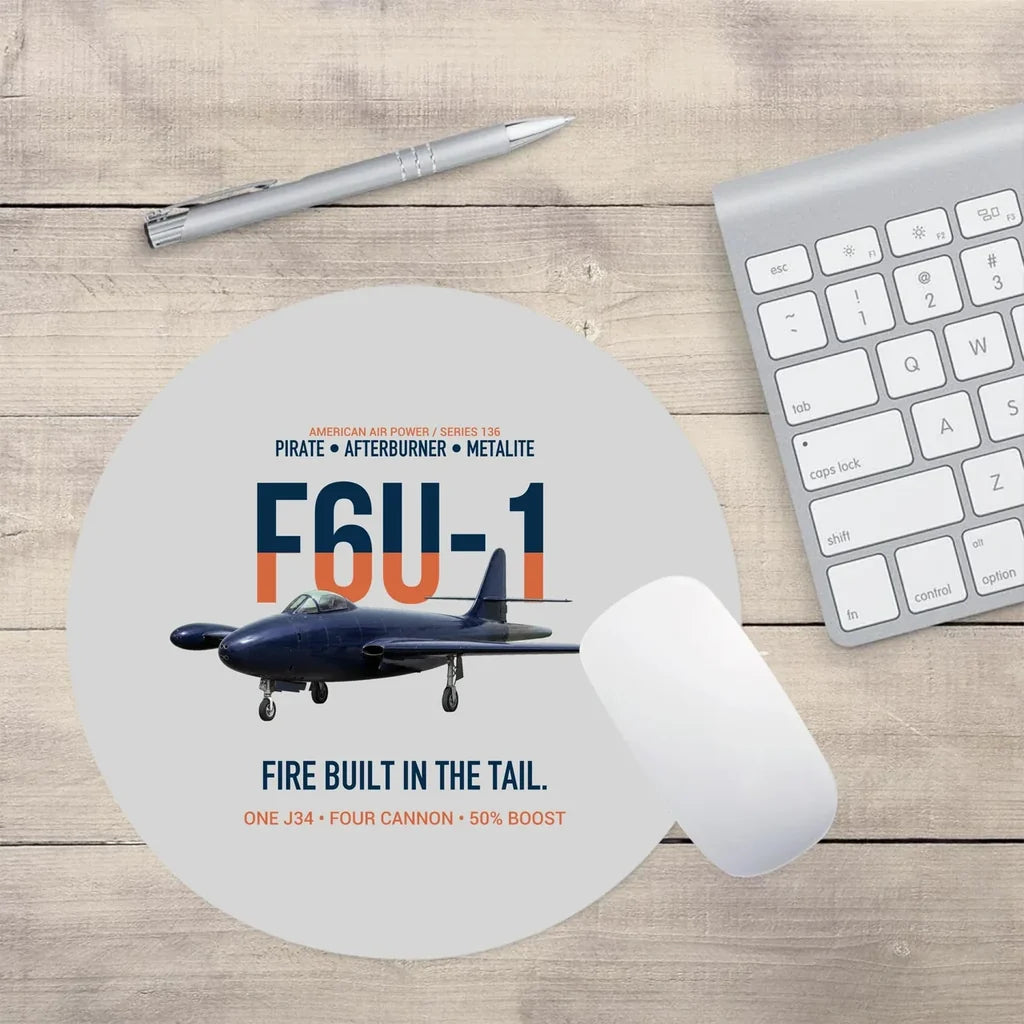 F6U-1 Pirate Fire Built in the Tail design on light gray round mouse pad