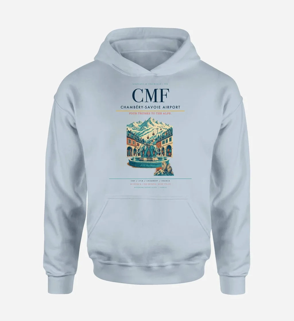 Chambéry-Savoie Airport (CMF) design on light blue hoodie single-side print
