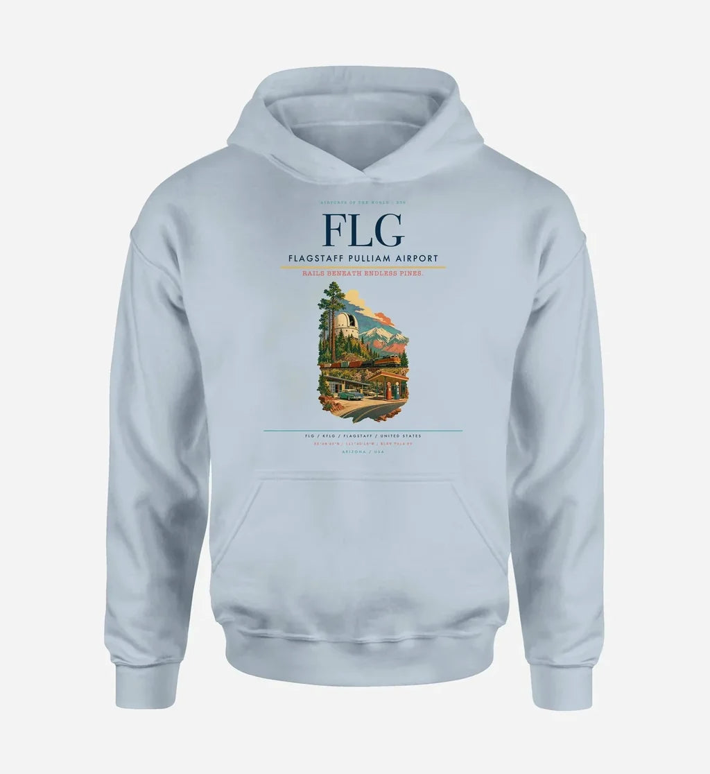 Flagstaff Pulliam Airport (FLG) design on light blue hoodie single-side print