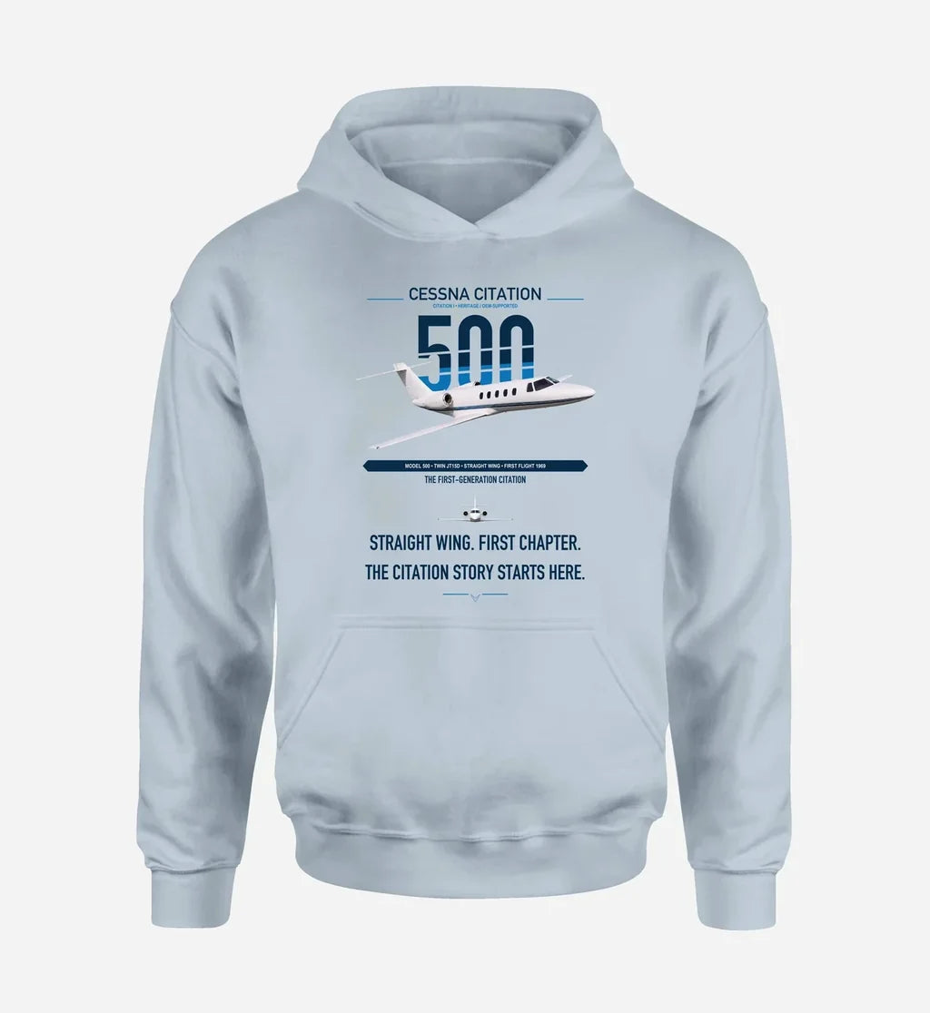 Cessna Citation 500 - Citation I design on light blue double-side hoodie, single-side print