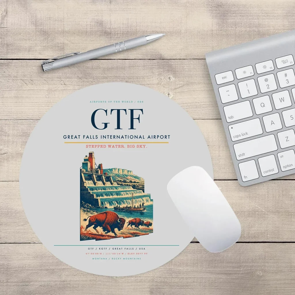 Great Falls International Airport (GTF) design on light gray round mouse pad