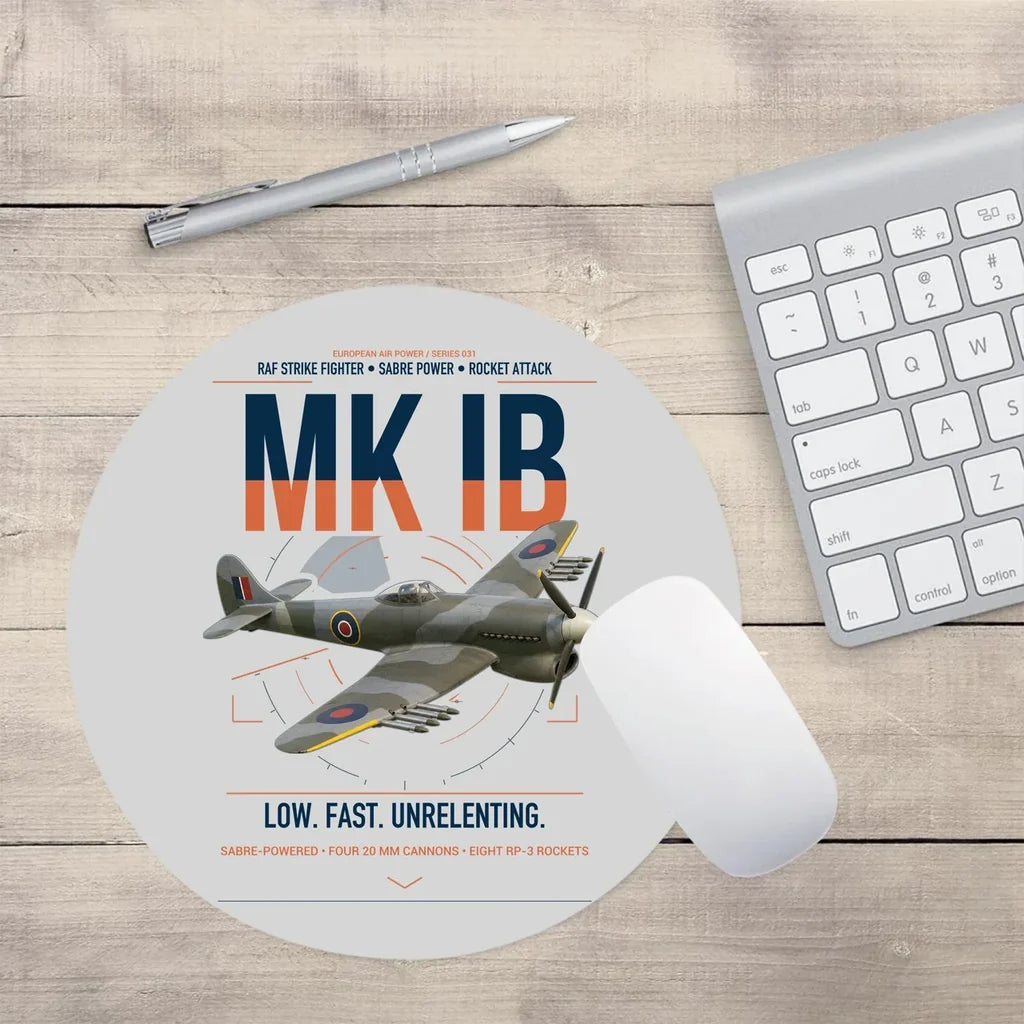 Hawker Typhoon Mk IB design on light gray round mouse pad
