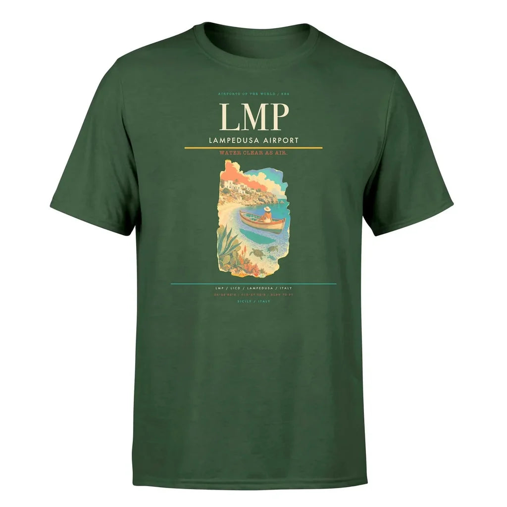 Lampedusa Airport (LMP) T-Shirt single-side front print in Dark Green | lampedusa-airport-lmp-double-side-t-shirt