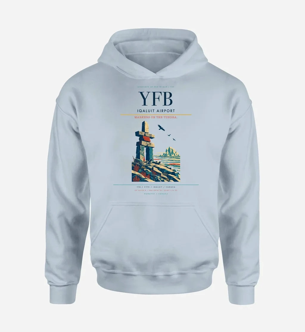 Iqaluit Airport (YFB) design on light blue hoodie single-side print