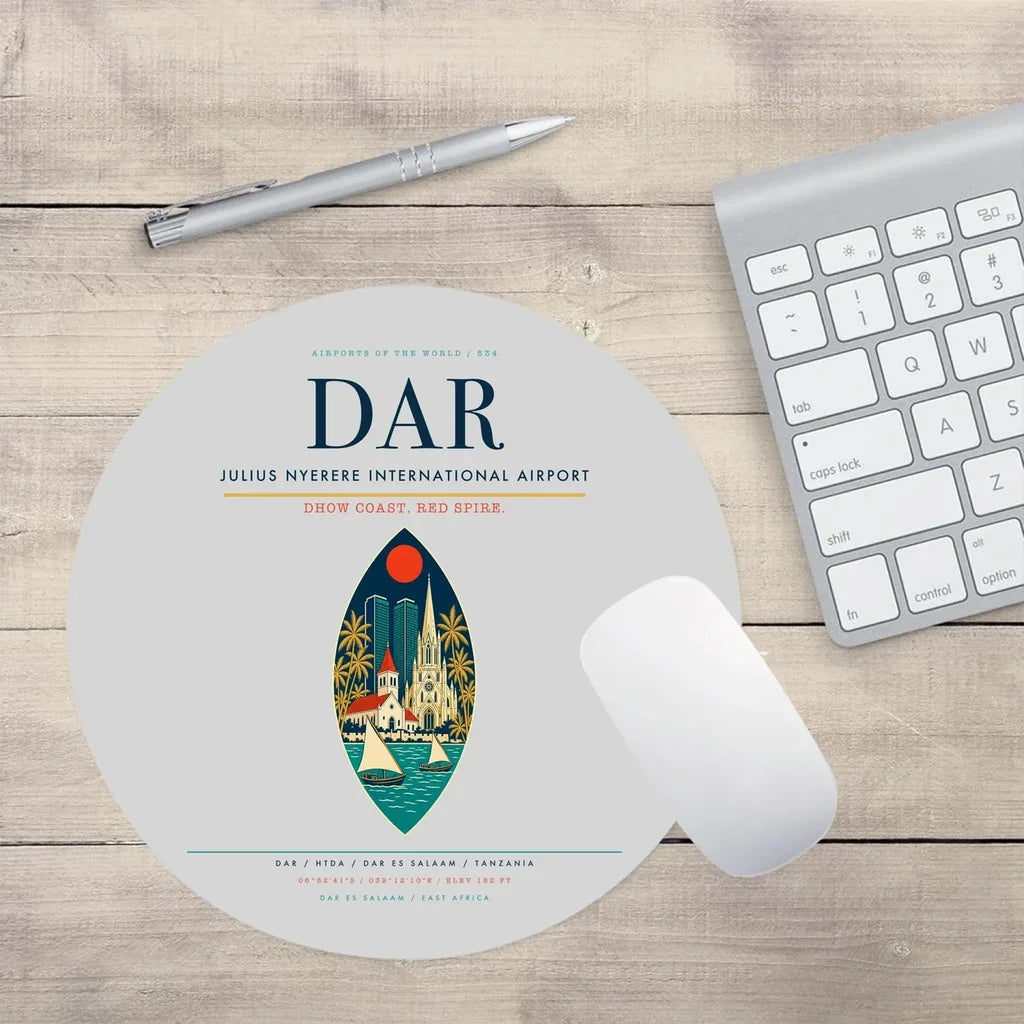 Julius Nyerere International Airport (DAR) design on light gray round mouse pad
