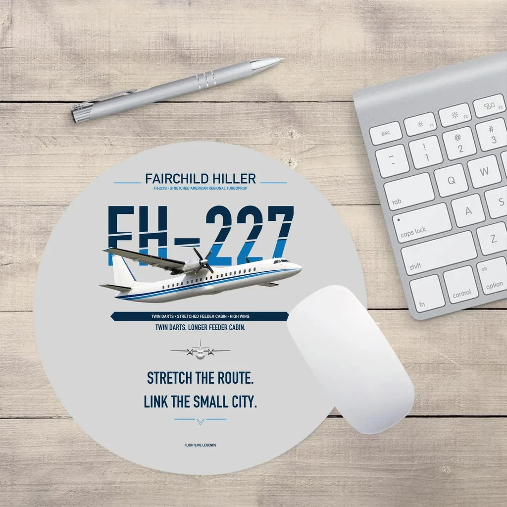 Fairchild Hiller FH-227B design on light gray round mouse pad