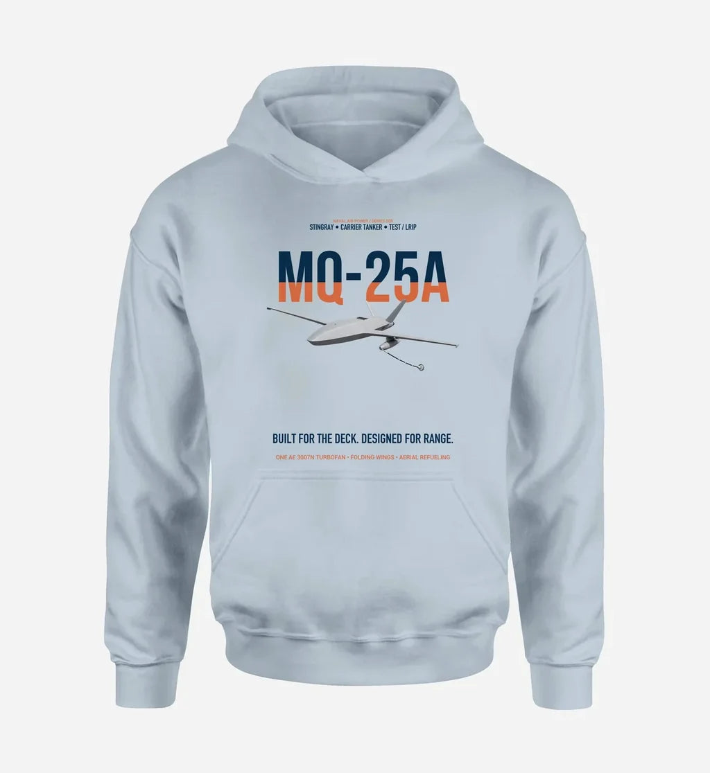 MQ-25A STINGRAY design on light blue double-side hoodie, single-side print