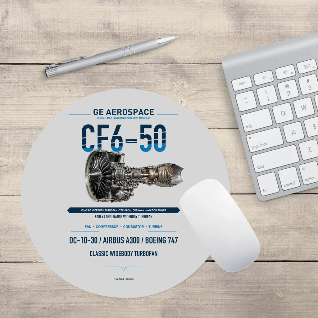 CF6-50 design on light gray round mouse pad