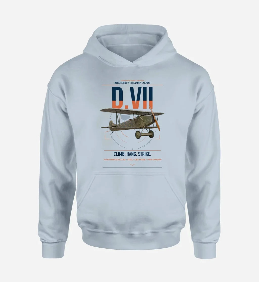 Fokker D.VII design on light blue double-side hoodie, single-side print