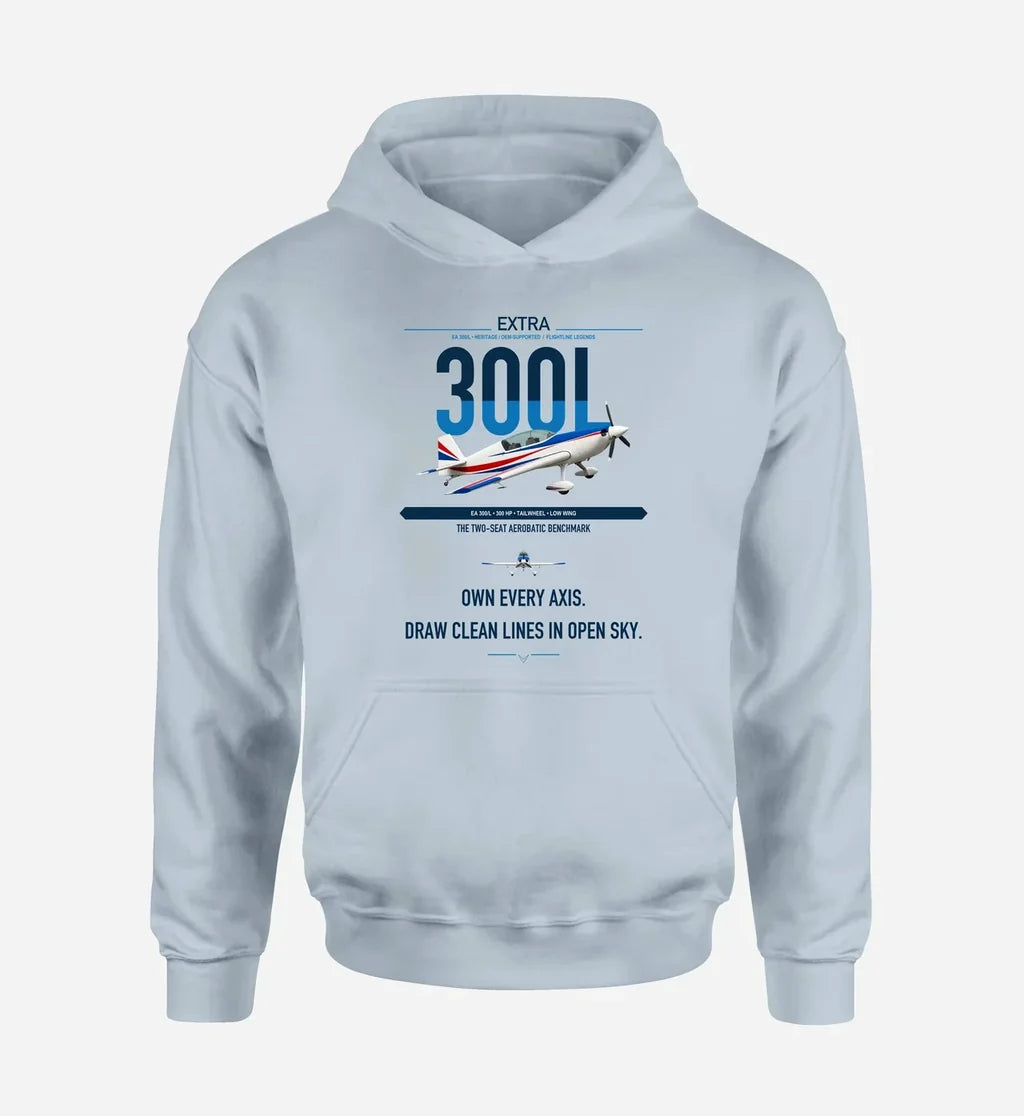 Extra 300L design on light blue double-side hoodie, single-side print