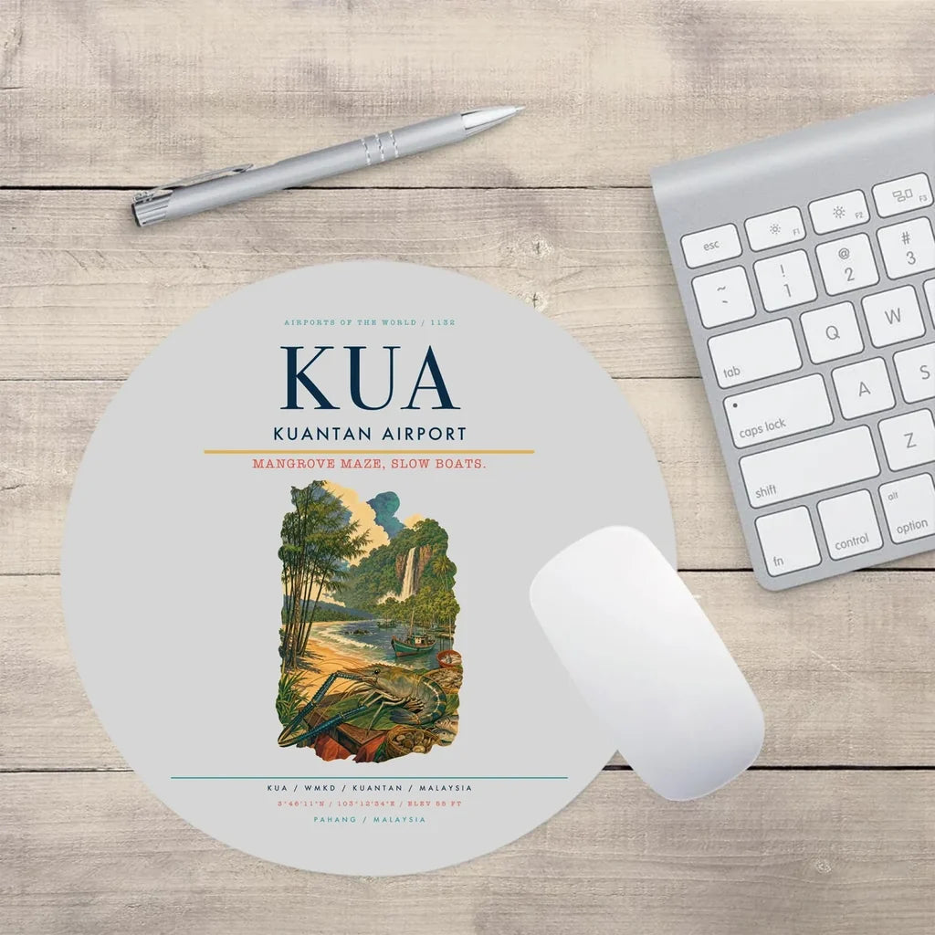 Kuantan Airport (KUA) design on light gray round mouse pad