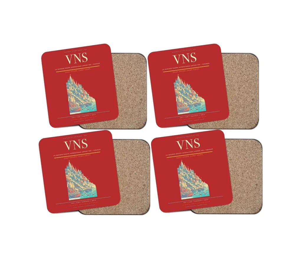 Lal Bahadur Shastri International Airport (VNS) design on red 4 pieces set coaster