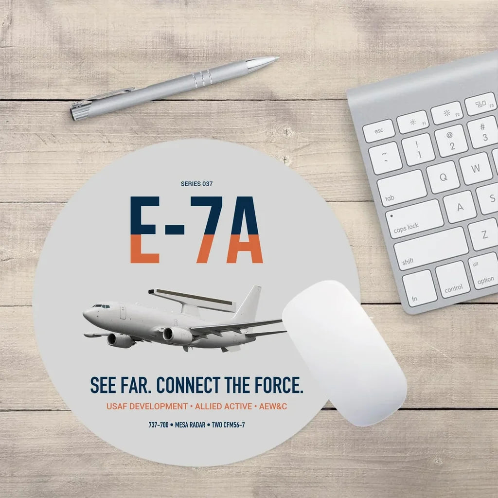 E-7A Wedgetail design on light gray round mouse pad