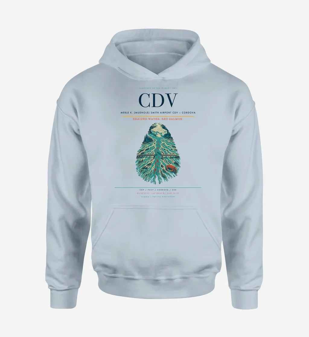 Merle K. (Mudhole) Smith Airport (CDV) design on light blue hoodie single-side print
