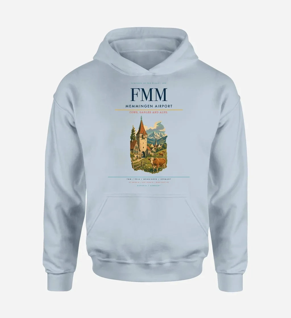Memmingen Airport (FMM) design on light blue hoodie single-side print