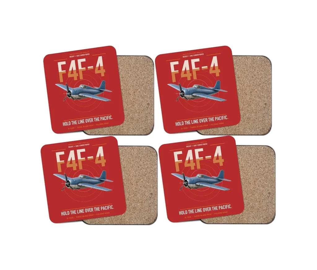 F4F-4 Wildcat design on red 4 pieces set coaster
