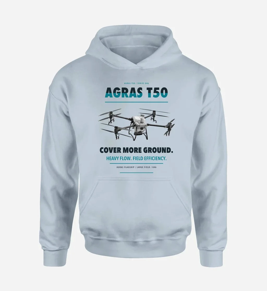 DJI Agras T50 design on light blue hoodie single side