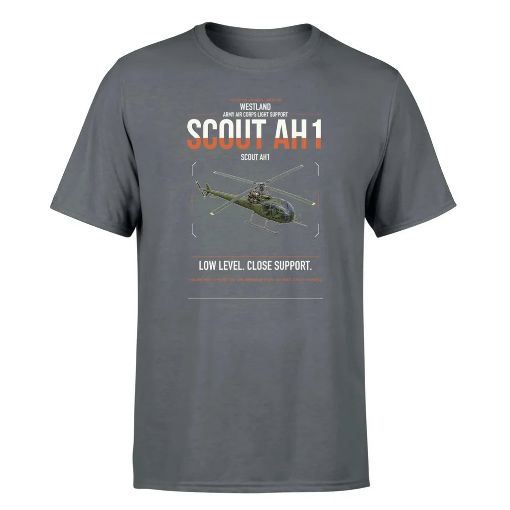Westland Scout AH1 design on gray t-shirt, single-side print