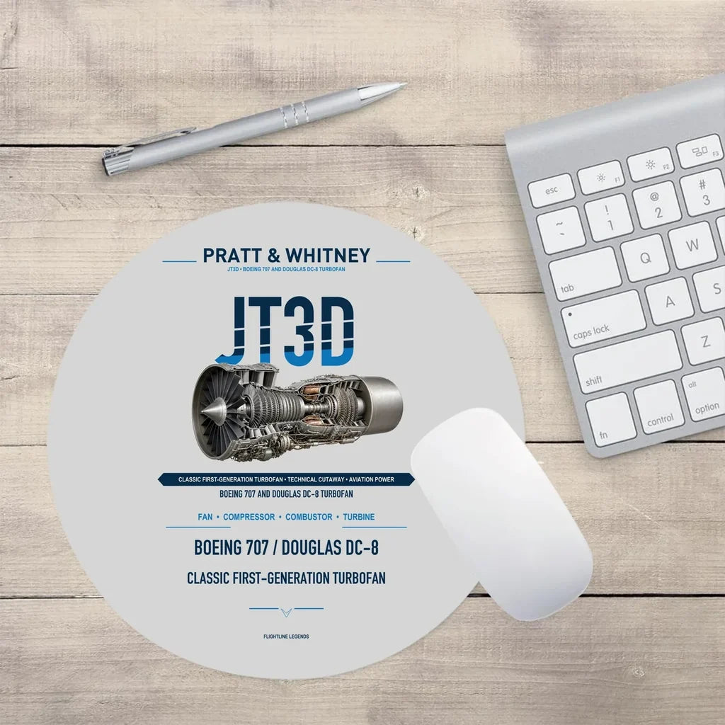JT3D design on light gray round mouse pad