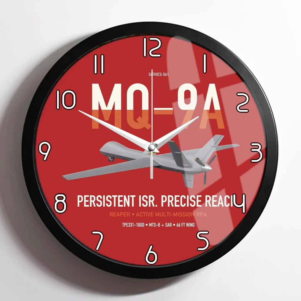 MQ-9A Reaper design on red framed wall clock