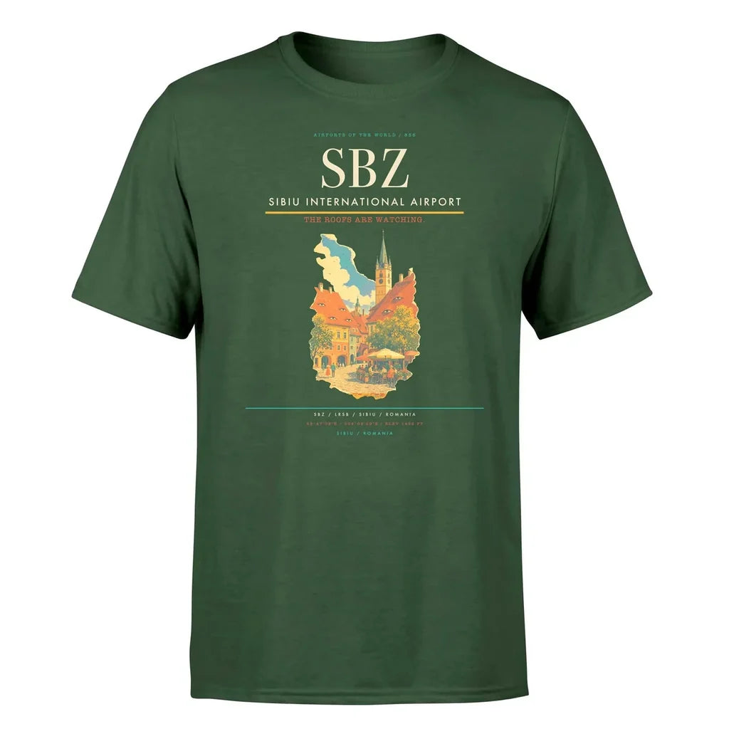 Sibiu International Airport (SBZ) T-Shirt single-side front print in Dark Green | sibiu-international-airport-sbz-double-side-t-shirt