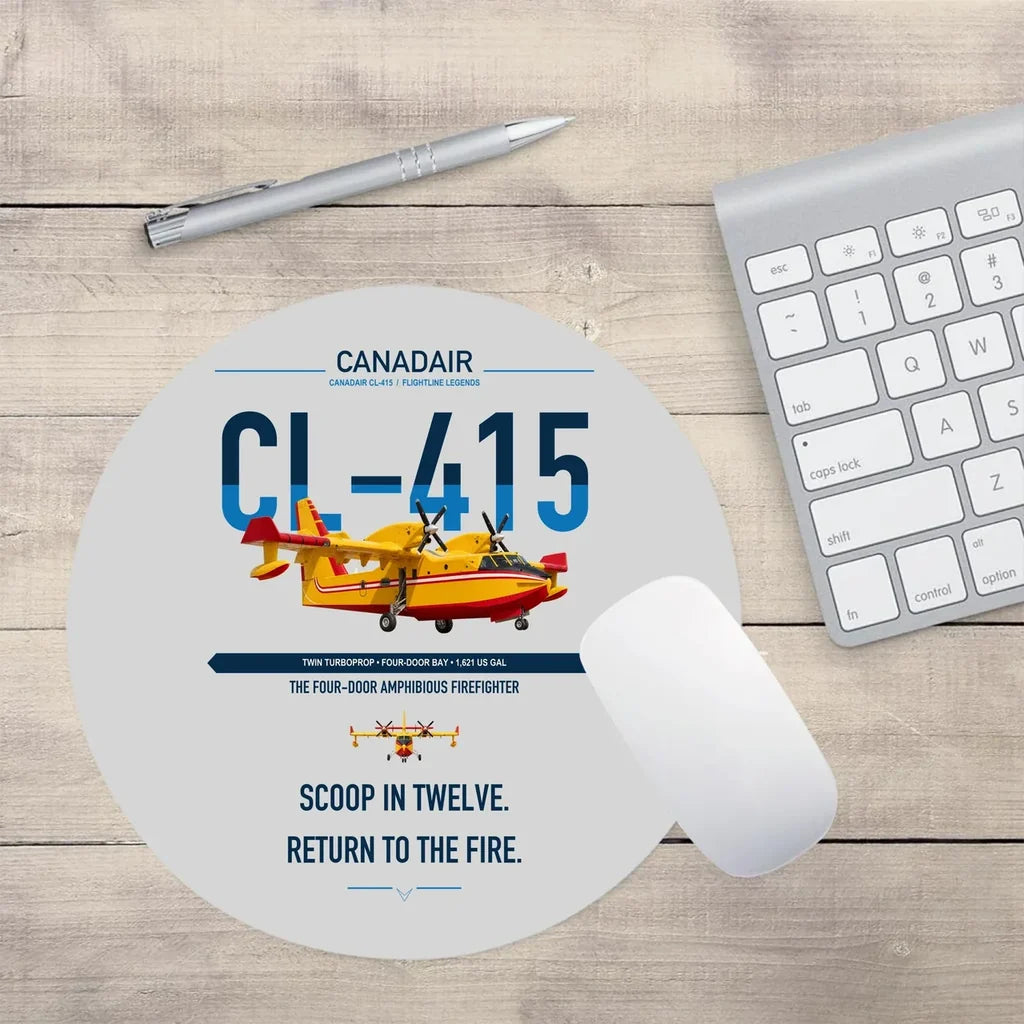 Canadair CL-415 design on light gray round mouse pad