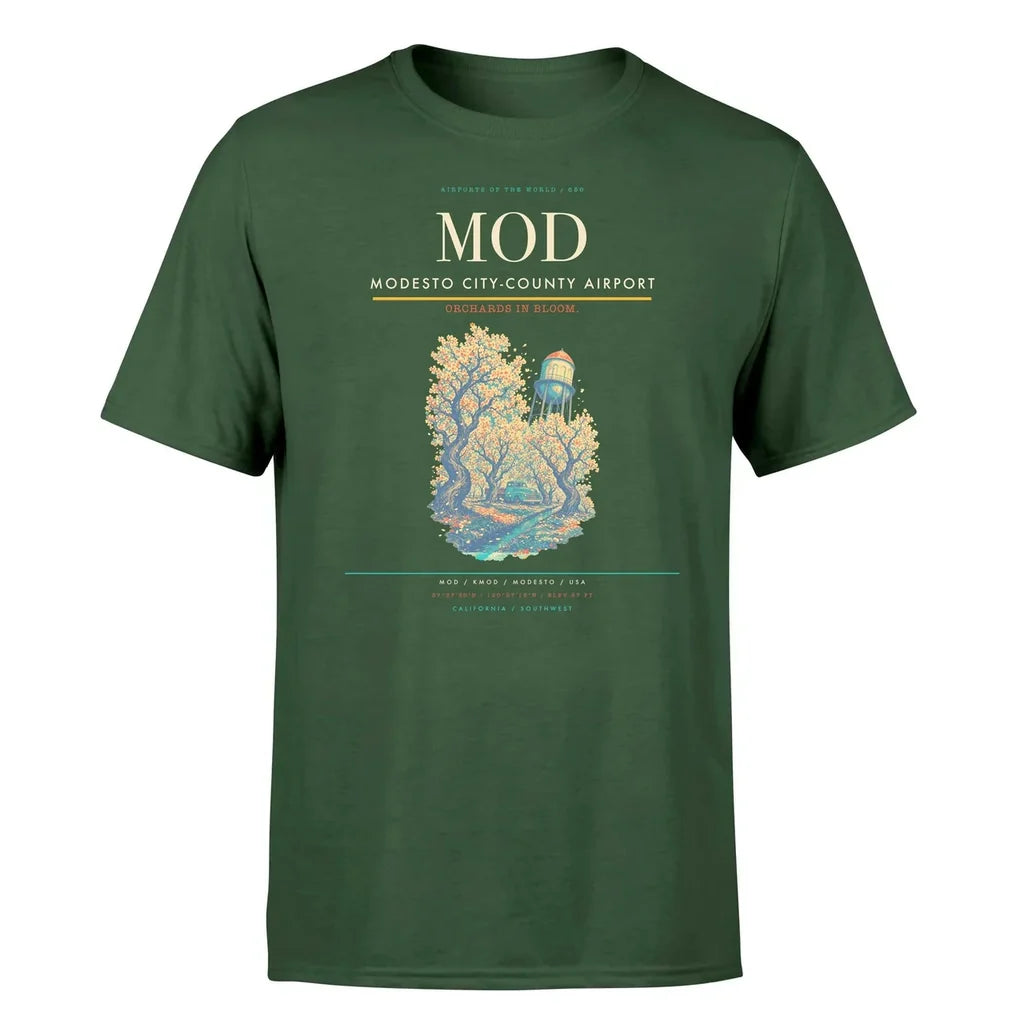Modesto City-County Airport (MOD) T-Shirt single-side front print in Dark Green | modesto-city-county-airport-mod-double-side-t-shirt