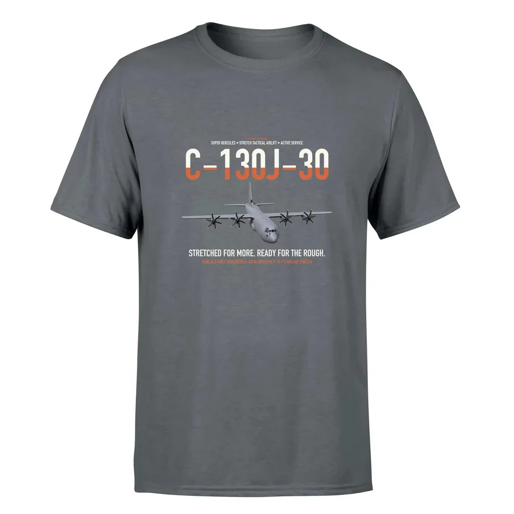 C-130J-30 Super Hercules design on gray double-side t-shirt, single-side print