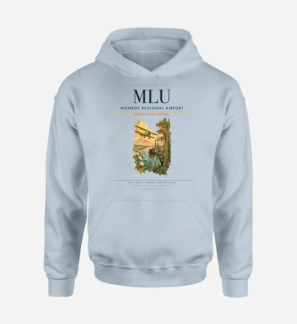 Monroe Regional Airport (MLU) design on light blue hoodie single-side print